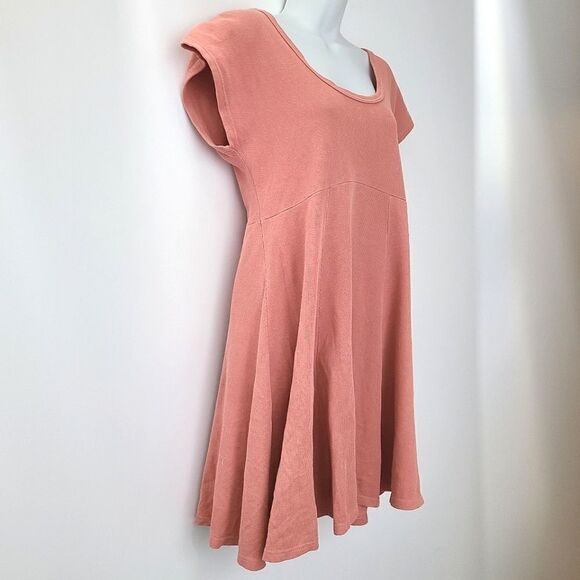 Vintage 90s Salmon Pink Ribbed Short Sleeve Skater Dress L - Picture 3 of 10